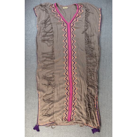 Skemo Maxi Dress Beach Swim Cover Up Boho Embroidered Brown Size Medium - Picture 1 of 9